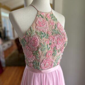Sherri Hill Pink Floral Applique Halter Neck A-Line Prom Dress - NWT - Size 4